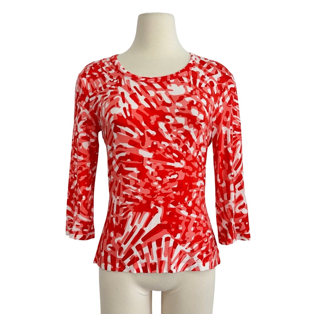St. John Crewneck Blouse Top 3/4 Sleeves Stretch Jersey in Red White Print S